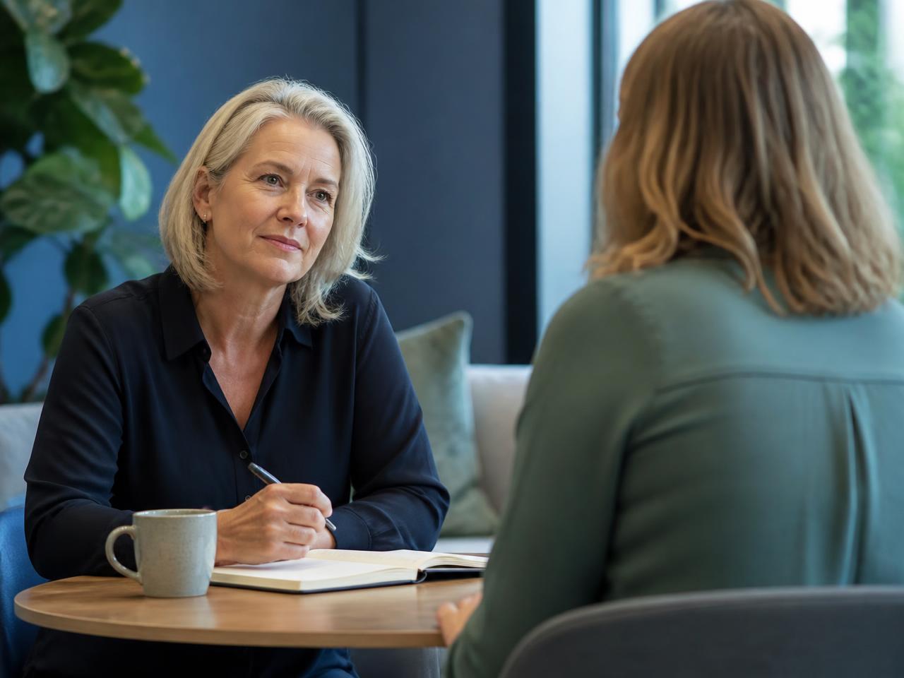An HR advisor talking with a colleague across a meeting table