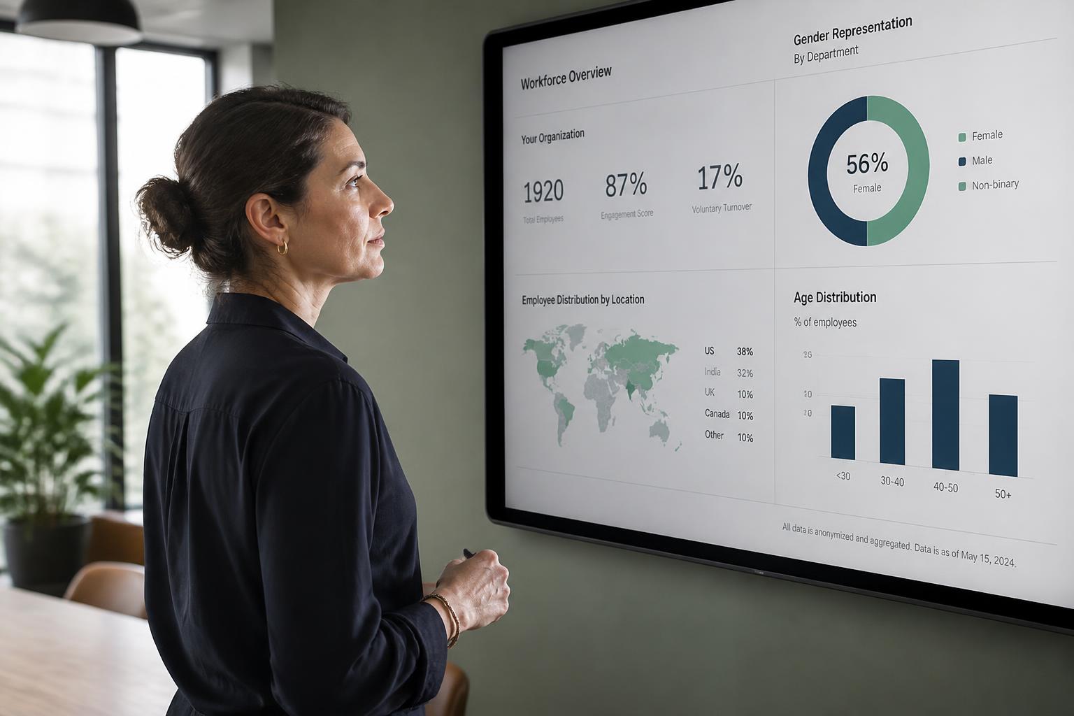 An HR leader reviewing anonymised workforce charts on a wall screen
