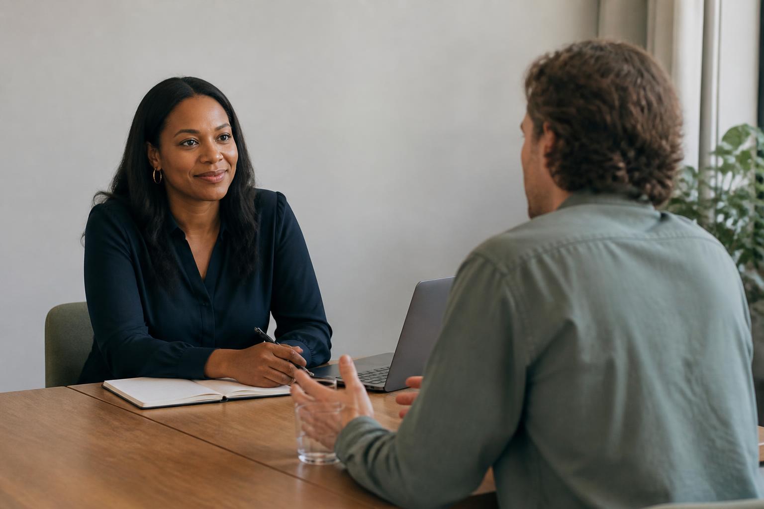 Two people in a calm interview conversation across a table