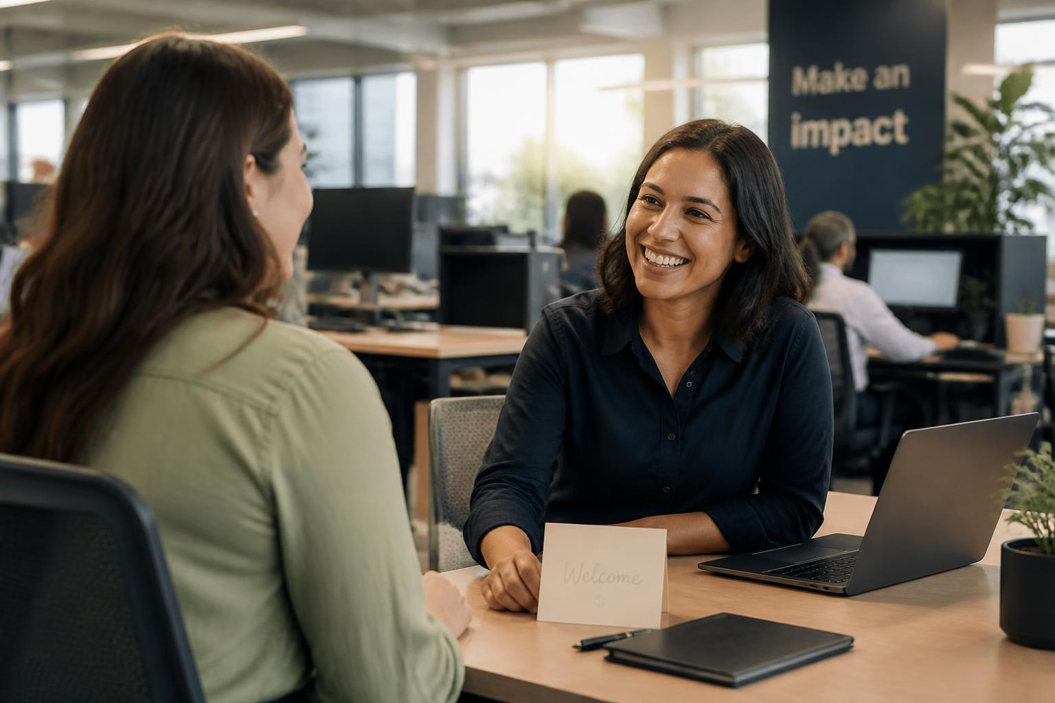 A colleague welcoming a new employee at their desk on a first day