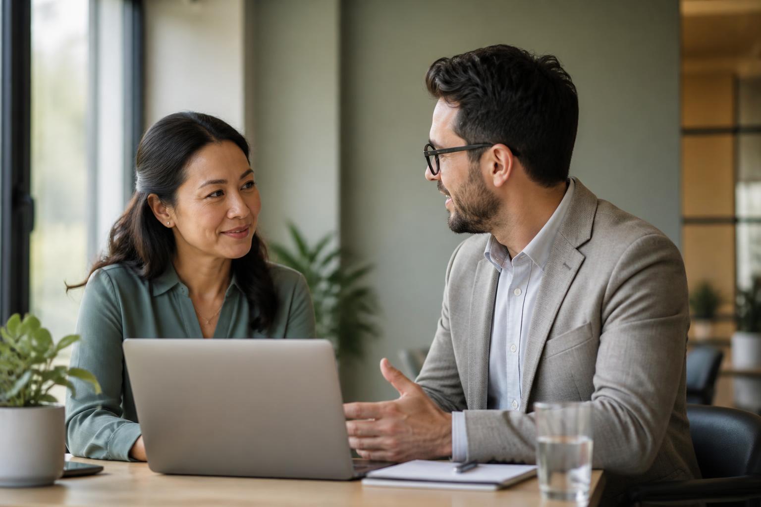 Two colleagues in conversation across a table in a bright workplace